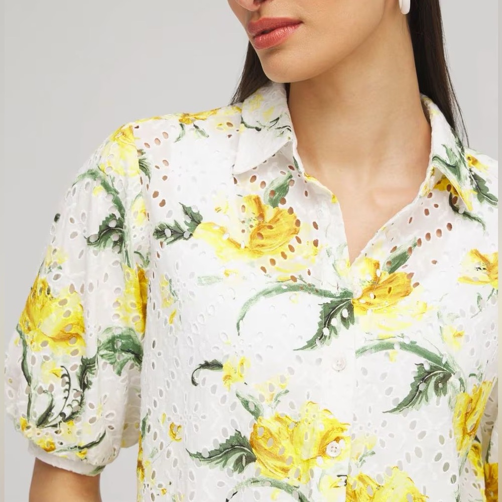 Chico’s Floral Eyelet Shirt Yellow and White Size L 12